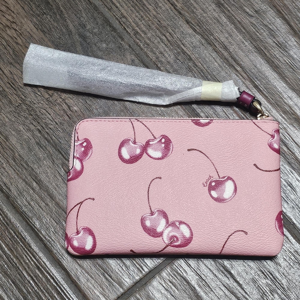 Coach Corner Zip Wristlet with Cherry Print Gold/Flower Pink/Bright Violet - Picture 6 of 7
